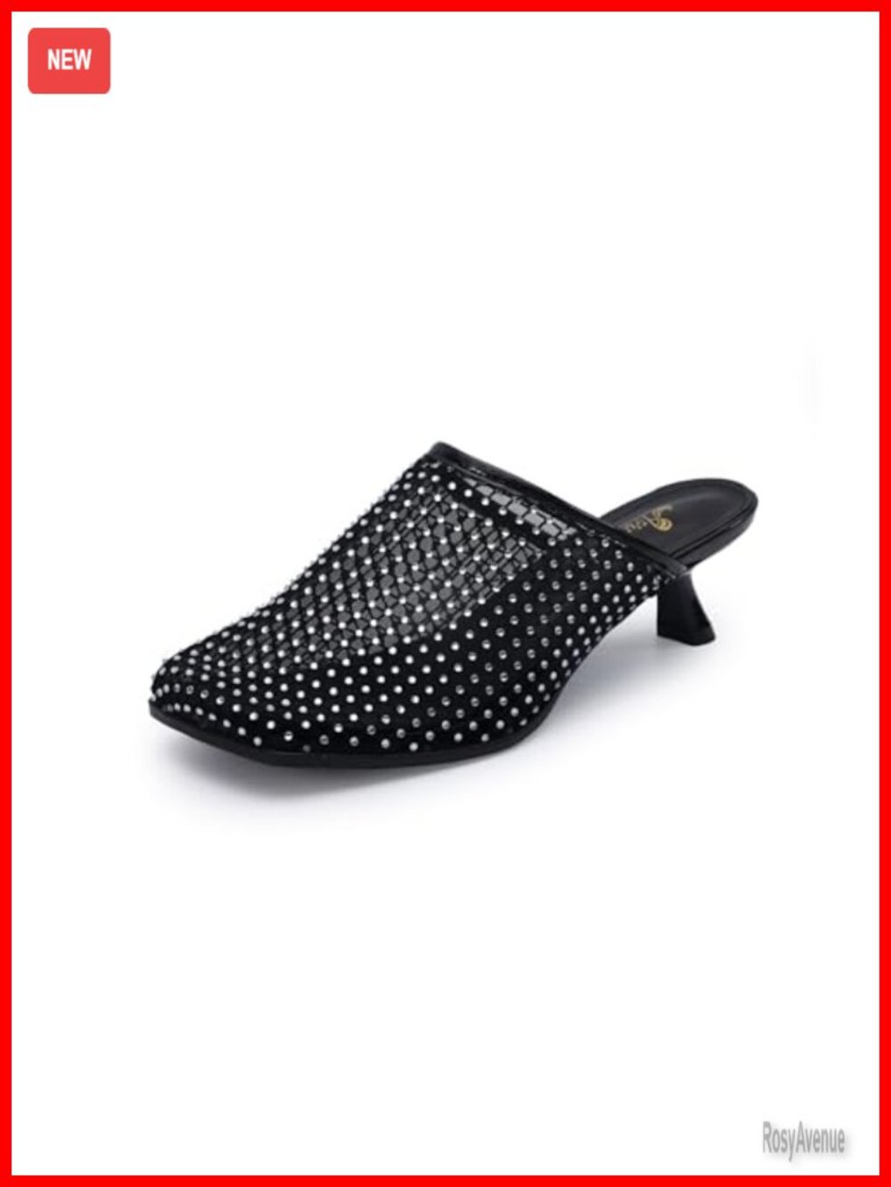 Rhinestone Mesh Mules Slip On Shoes Square Toe Kitten Heel Dress Shoes
